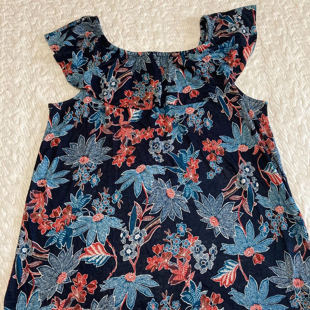 J Jill Sarasa Ruffled Tropical Ruffled Top 100% Linen Elastic Shoulder Navy Blue - Picture 3 of 8